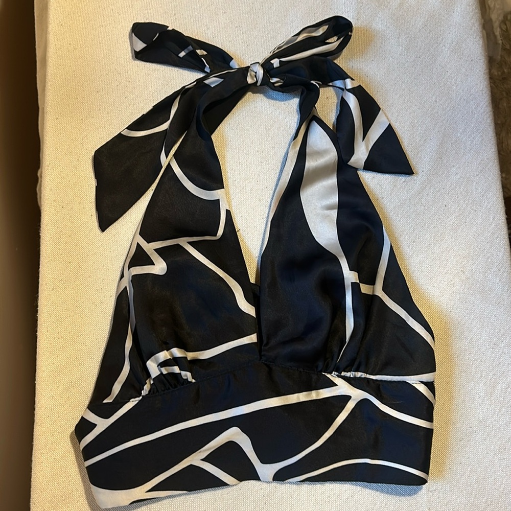 Black and white silk halter top + an open back and tie for lower back as well